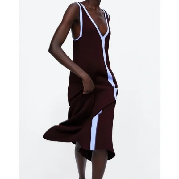 NEW Zara ribbed knit color block maxi dress purple blue - Picture 3 of 8